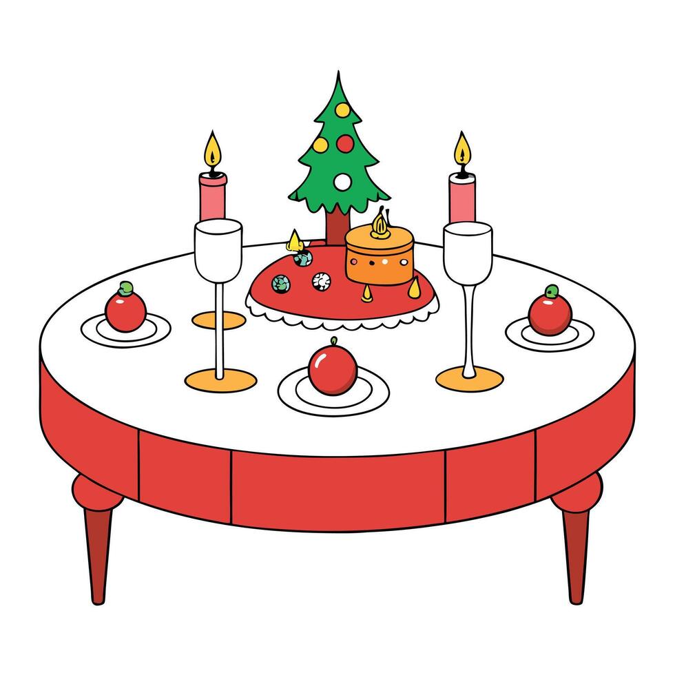 Table decorated for Christmas eve dinner with red ornaments vector