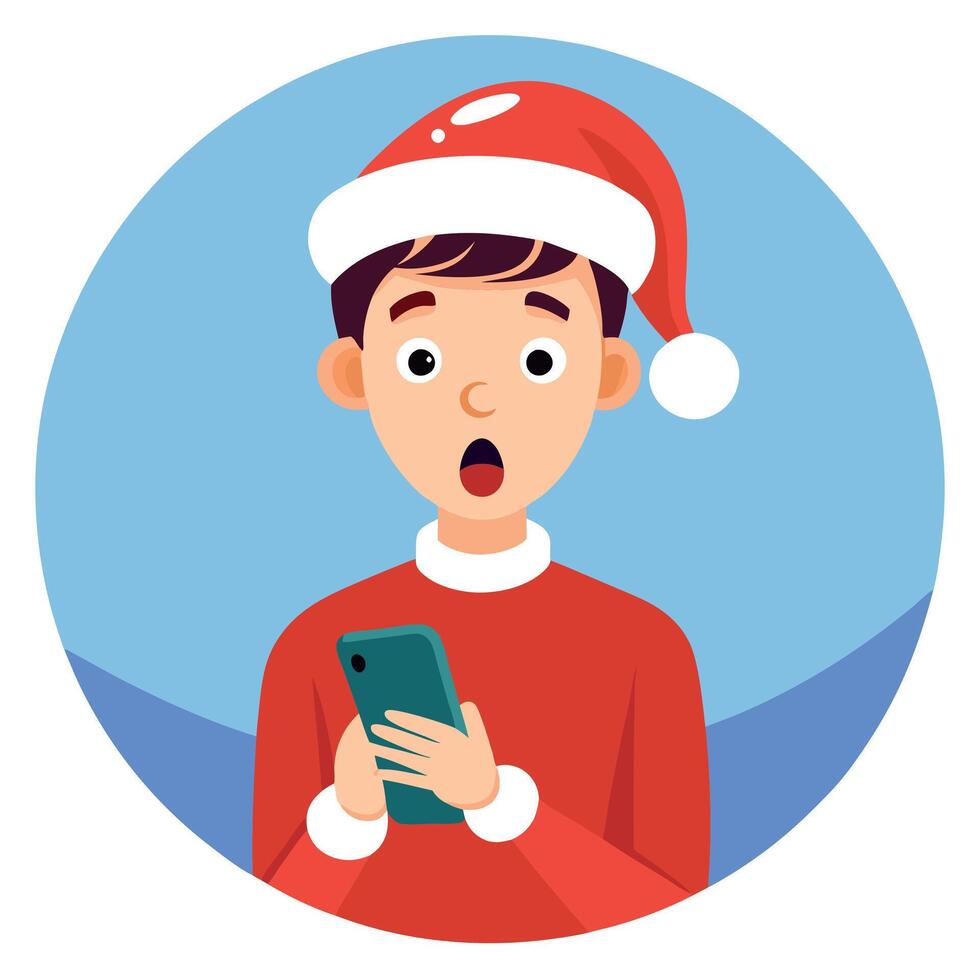 Surprised young man woman in santa hat using mobile phone on christmas background vector