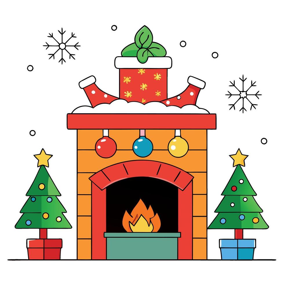 Fireplace in a festive interior. Merry christmas and happy new year concept vector