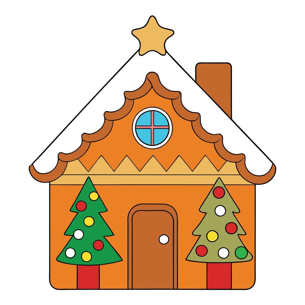 Christmas house made from ginger cookies with in Christmas spirit with tree in background vector