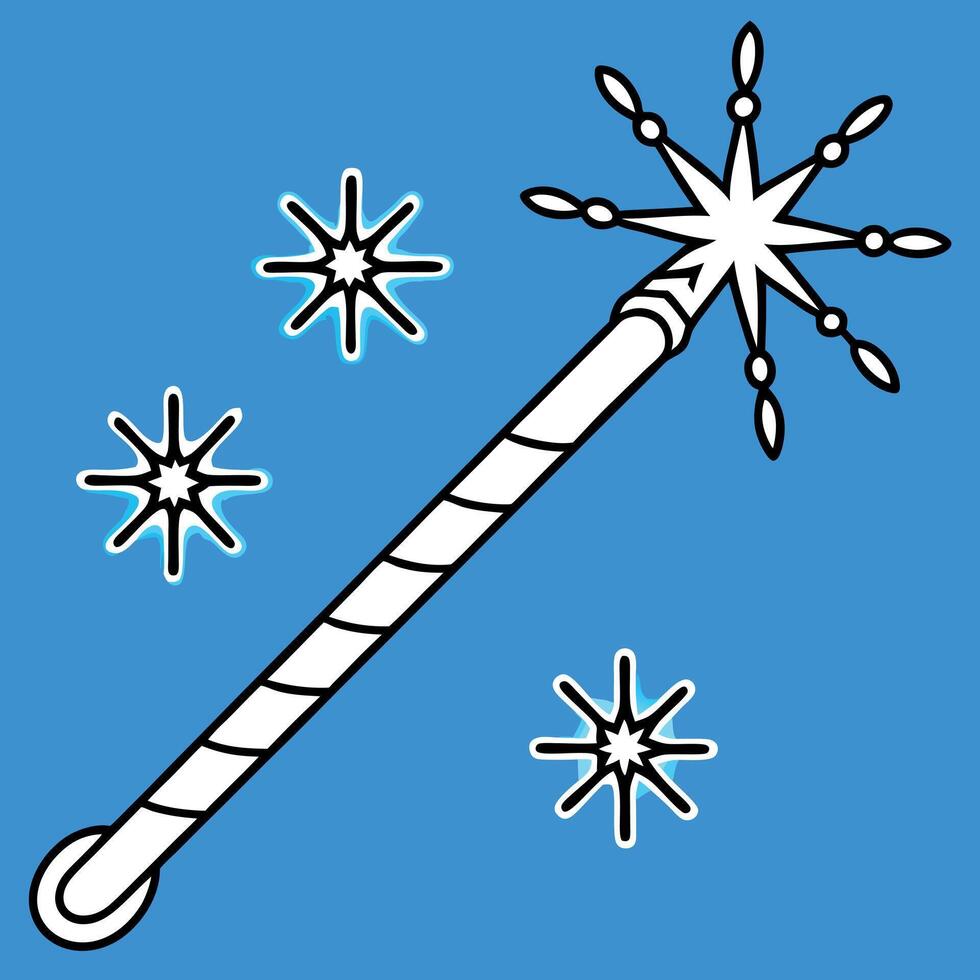 Christmas Magic wand with sparkle on blue background. Miracle magical stick Wizard tool on hot blue. vector