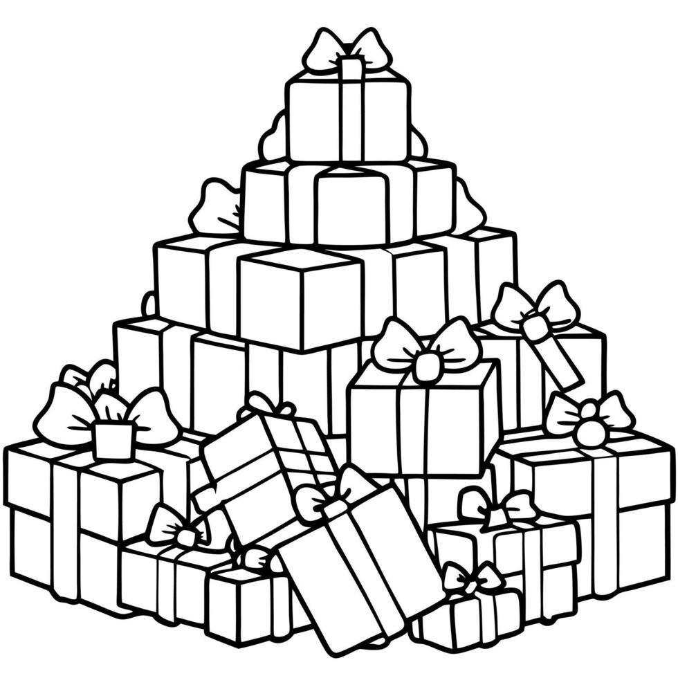 Different christmas presents on a large heap. Large stack of christmas packages. vector