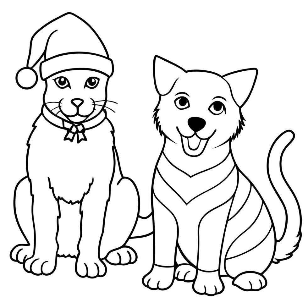 Dog and a cat sitting together with santa hats at christmas vector
