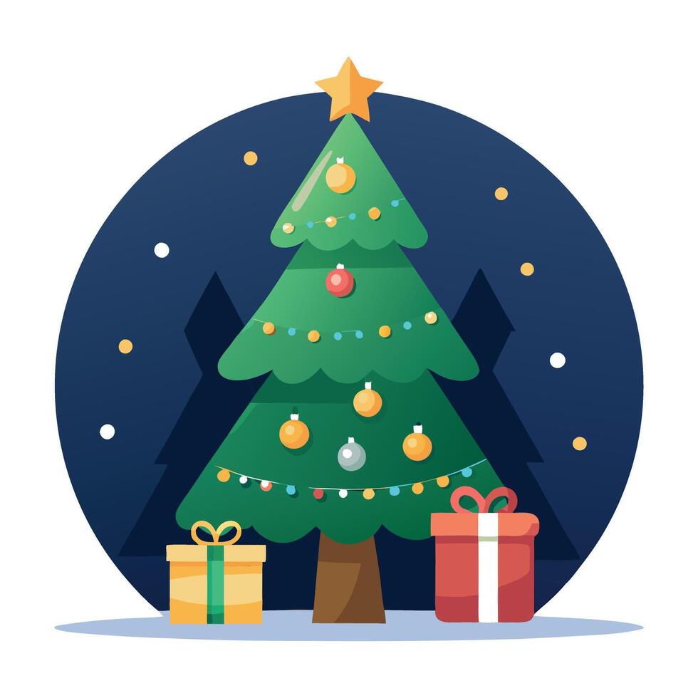 Festive christmas tree with presents against dark wall. blurred lights. copy space vector