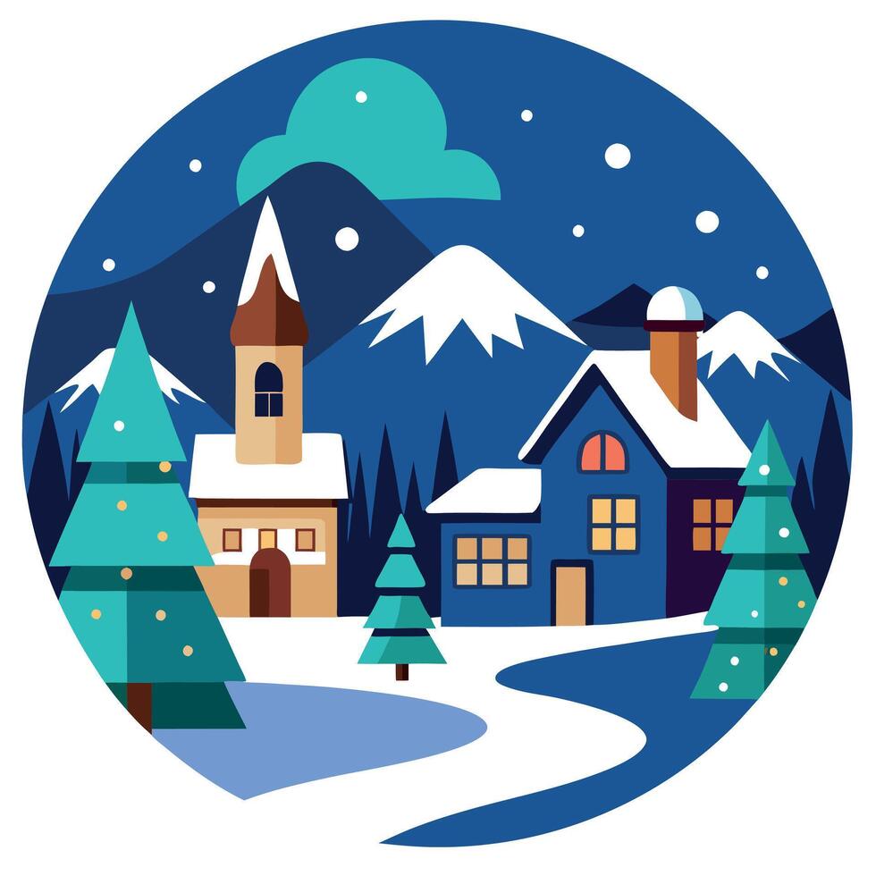 Christmas night in the city - european village - snowflakes in the winter at christmas vector