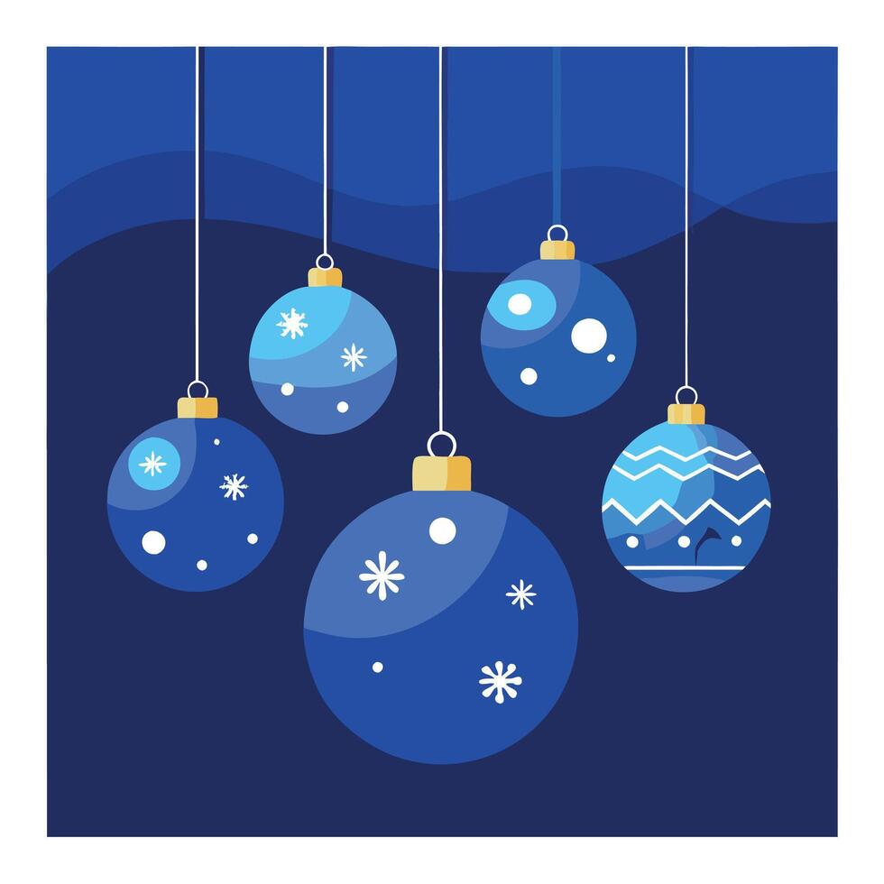 Blue christmas balls hanging from a string on a dark blue background. vector