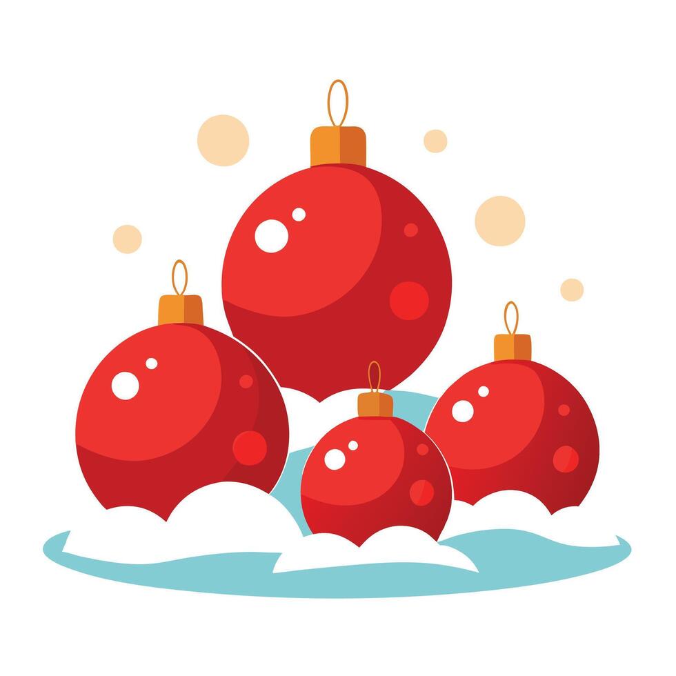 A group of red christmas ornaments sitting on top of a snow covered ground. vector