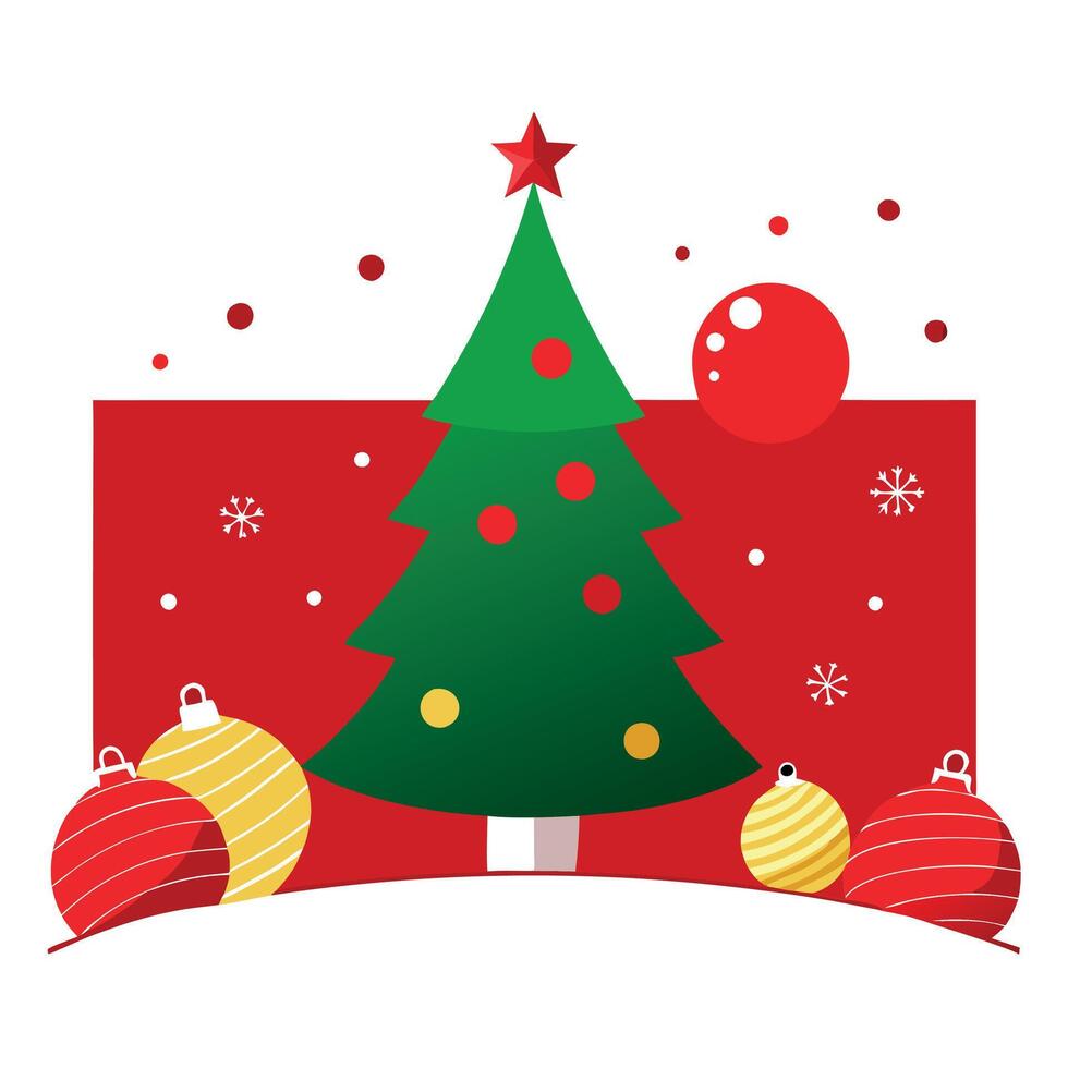 Red christmas background with christmas tree and baubles. copy space vector
