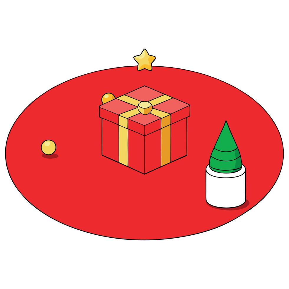 The red minimal scene with a Christmas gift box and gold ornament on a red background. 3d rendering. vector