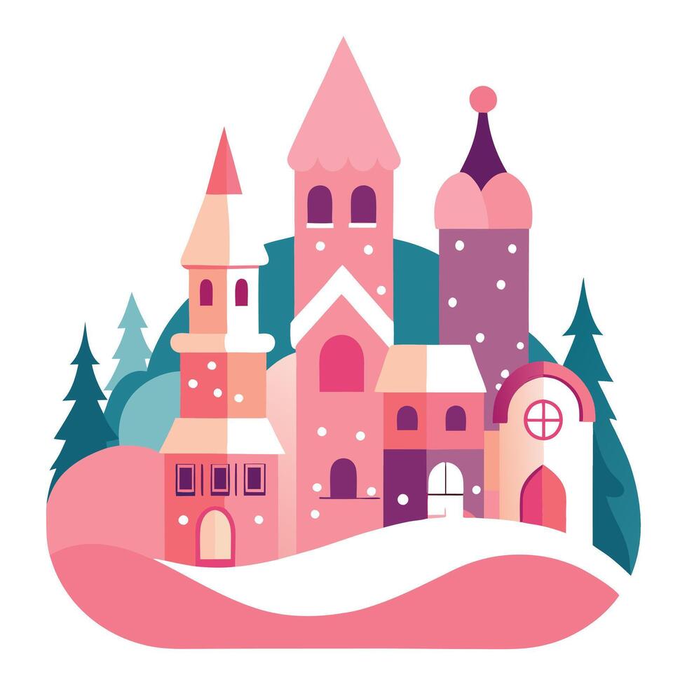 Little pink winter Christmas town. whimsical art. background. digital art. illustration vector