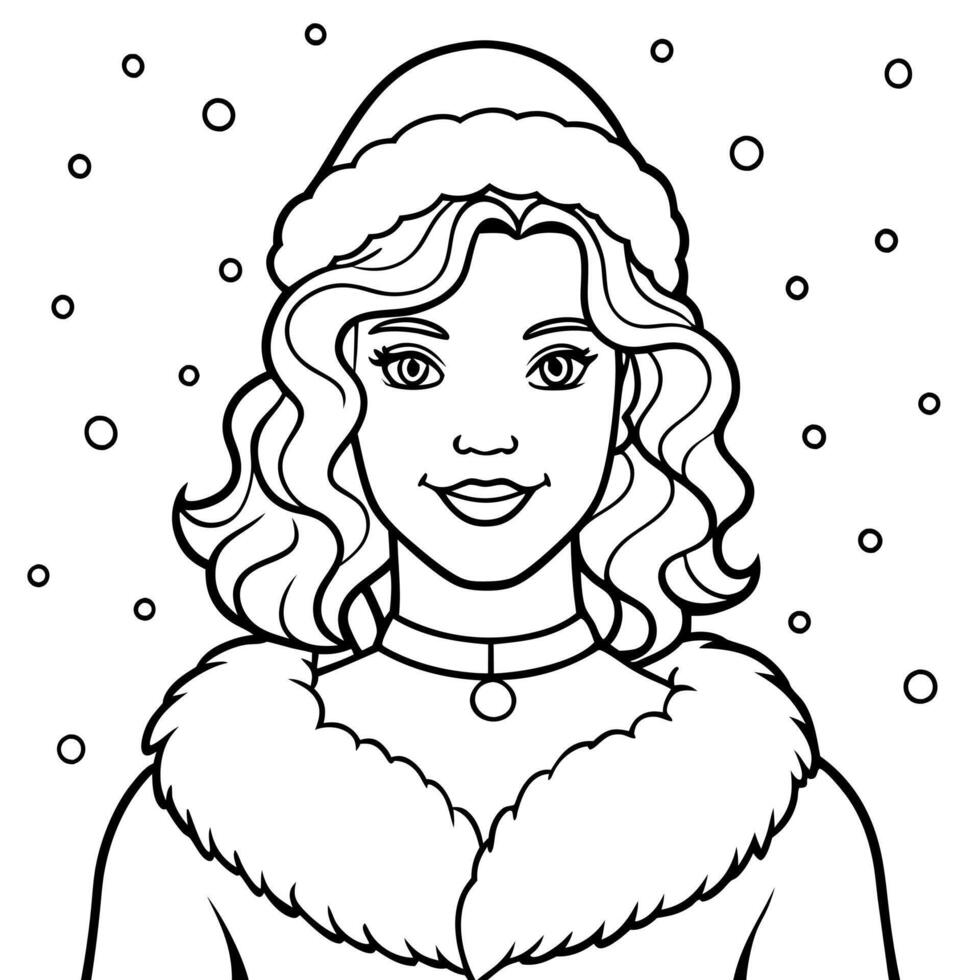 A beautiful woman dressed as santa claus is looking happy. in a winter christmas snowy background vector