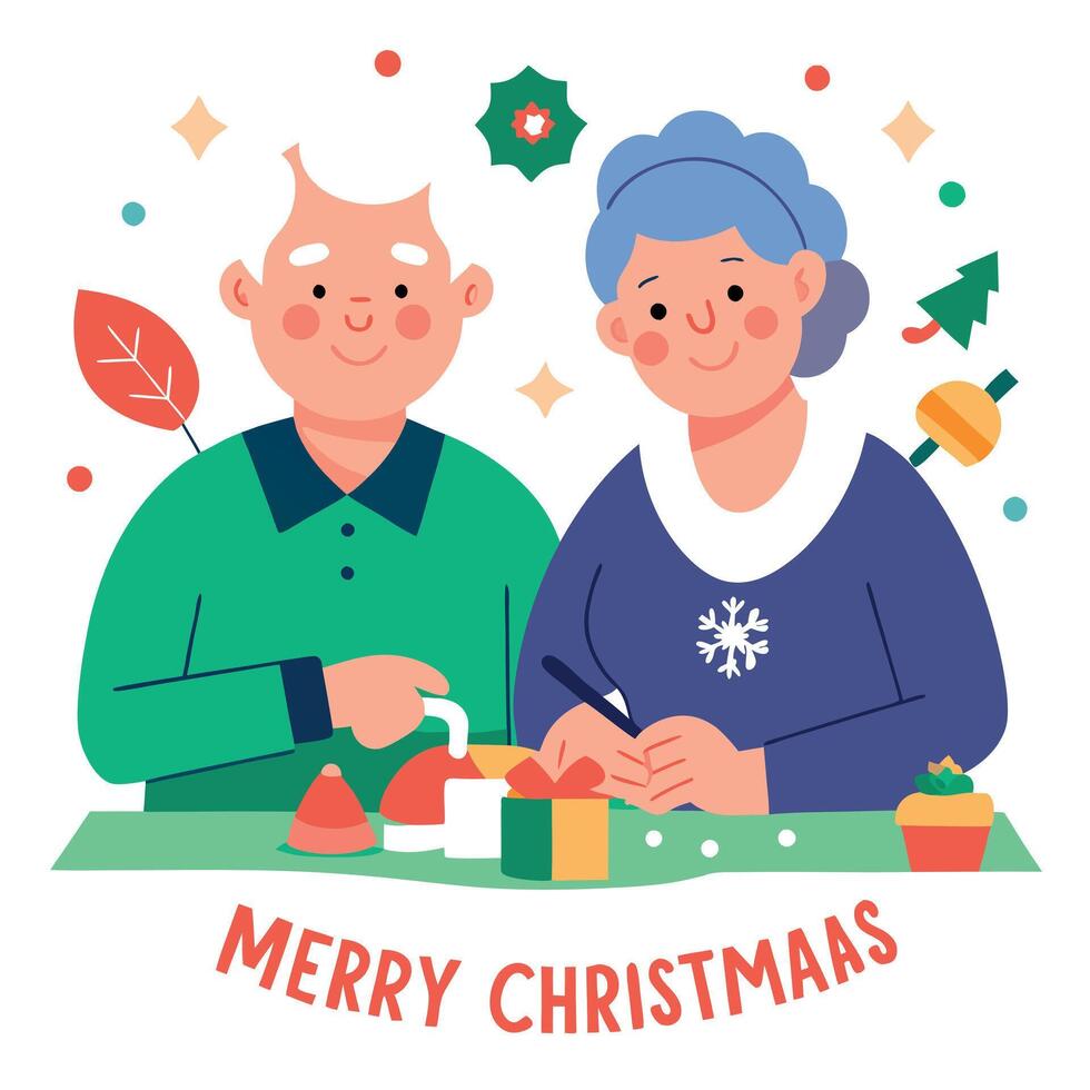 Mature couple smiling doing crafts at christmas. Happiness in elderly in Xmas. merry christmas vector