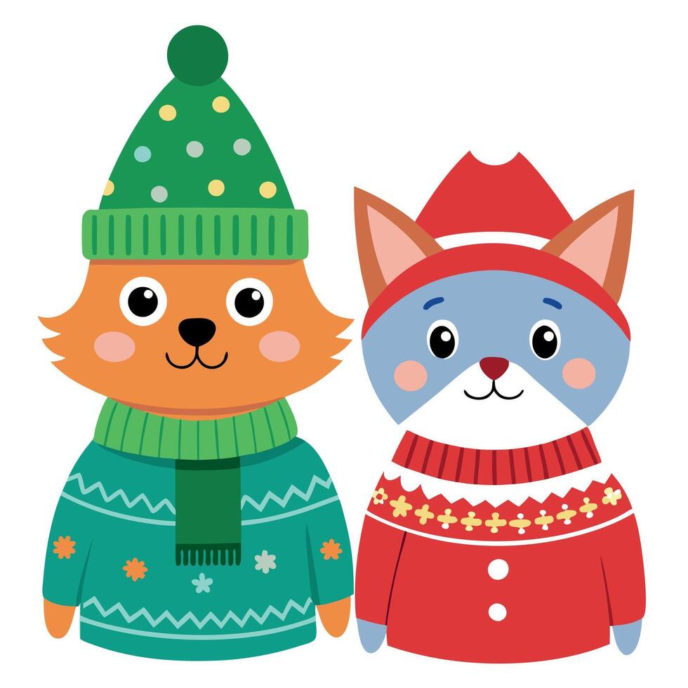 Cat and dog wearing santa christmas sweater and knitted hat vector