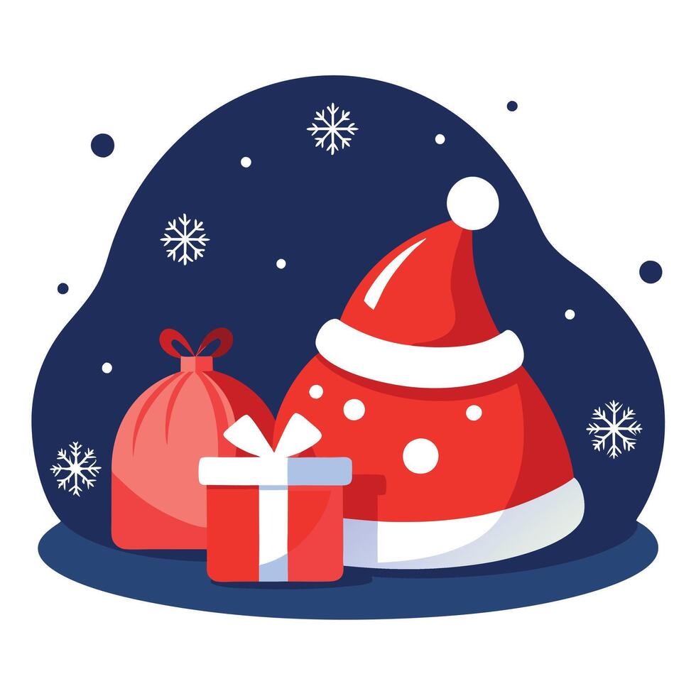 Red Santa Claus hat and a bag with gifts on a dark snowy background. vector