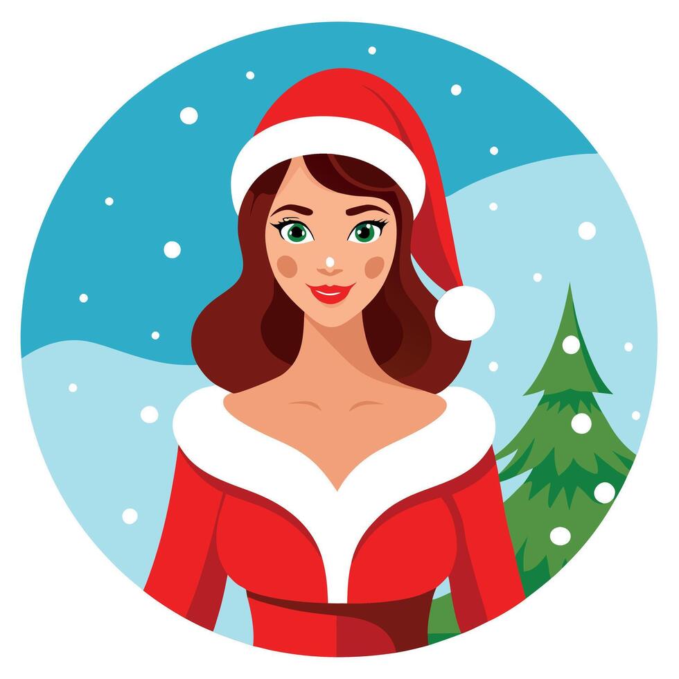 A beautiful woman dressed as santa claus is looking happy. in a winter christmas snowy background vector