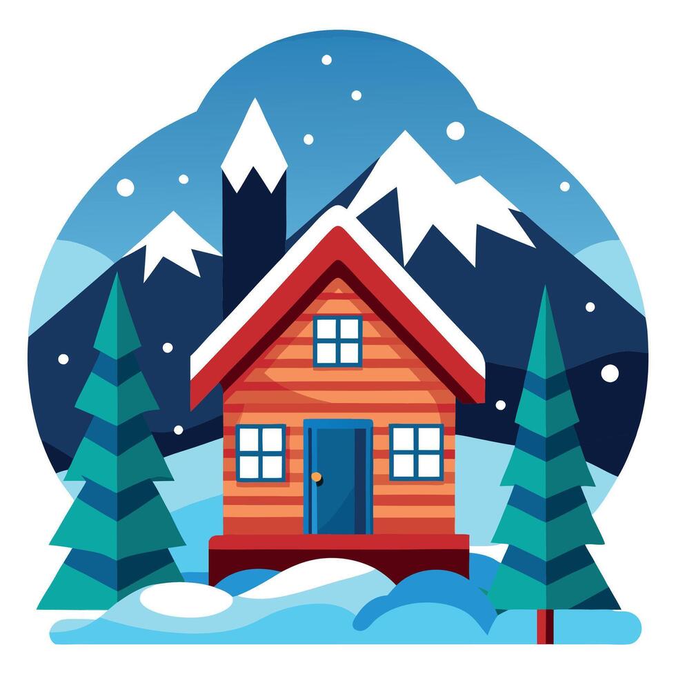 Nordic Christmas concept with a wooden cabin with a view to a winter landscape. illustrations vector