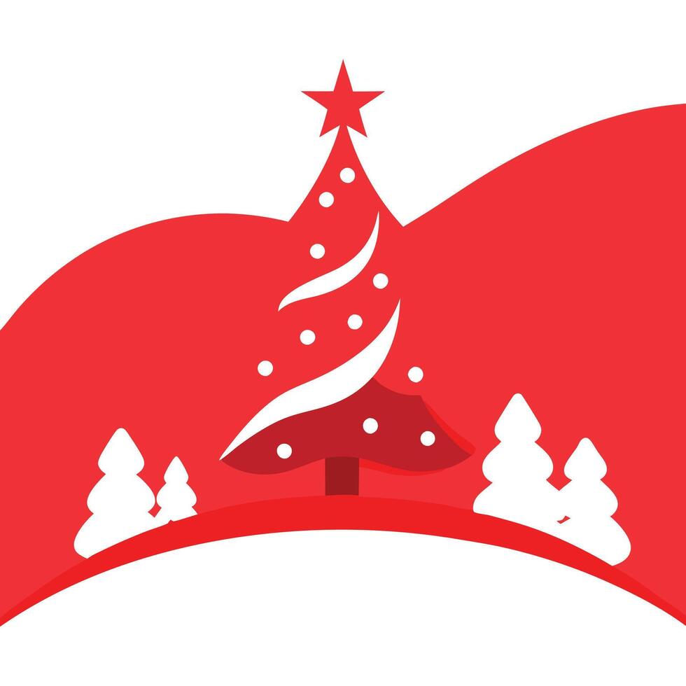 Red christmas background with Christmas tree and hill vector