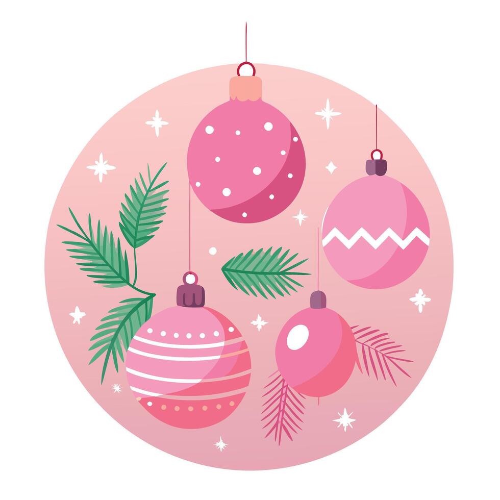 A pink christmas background with ornaments and fir branches on a pink background. vector