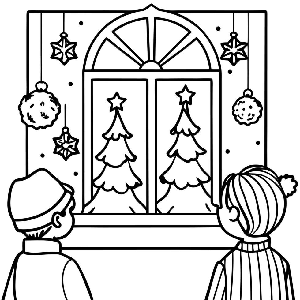 Photo of two children mesmerized by a festive Christmas window display vector