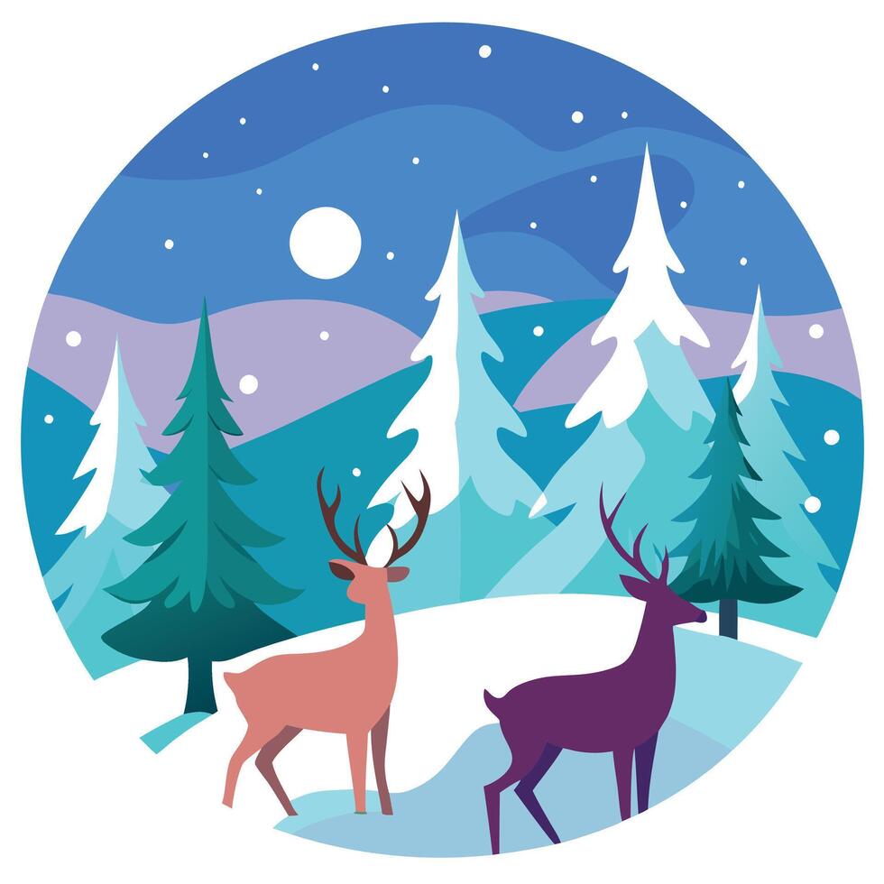 Reindeers in winter panoramic with snow covered fir branches. christmas forest snowy background. vector