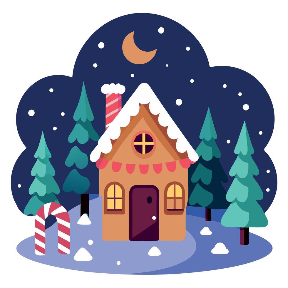 A christmas scene with a gingerbread house in fairy tale dark winter forest. vector