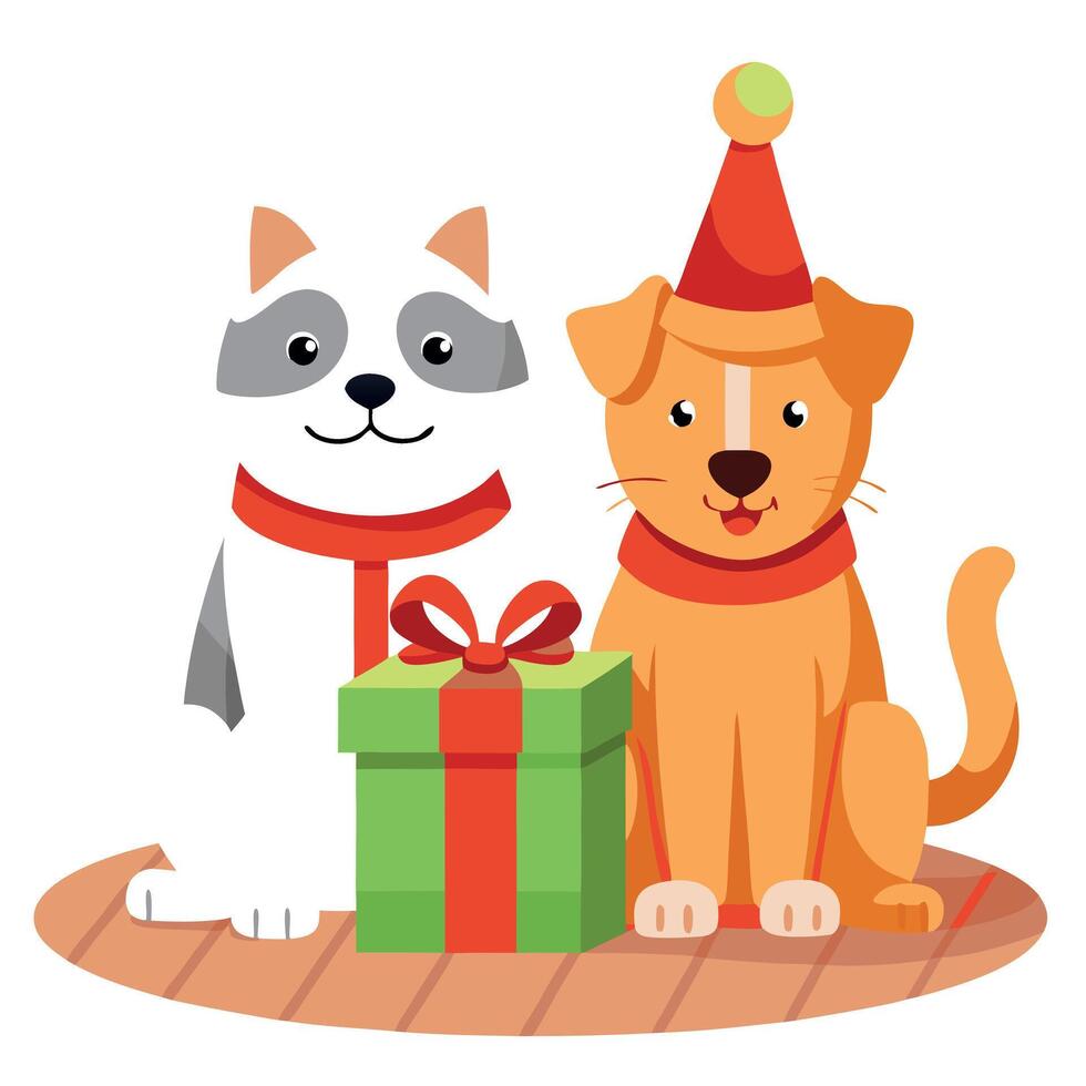 Cute cat and dog puppy with christmas gift boxes on wooden floor. Christmas concept. vector