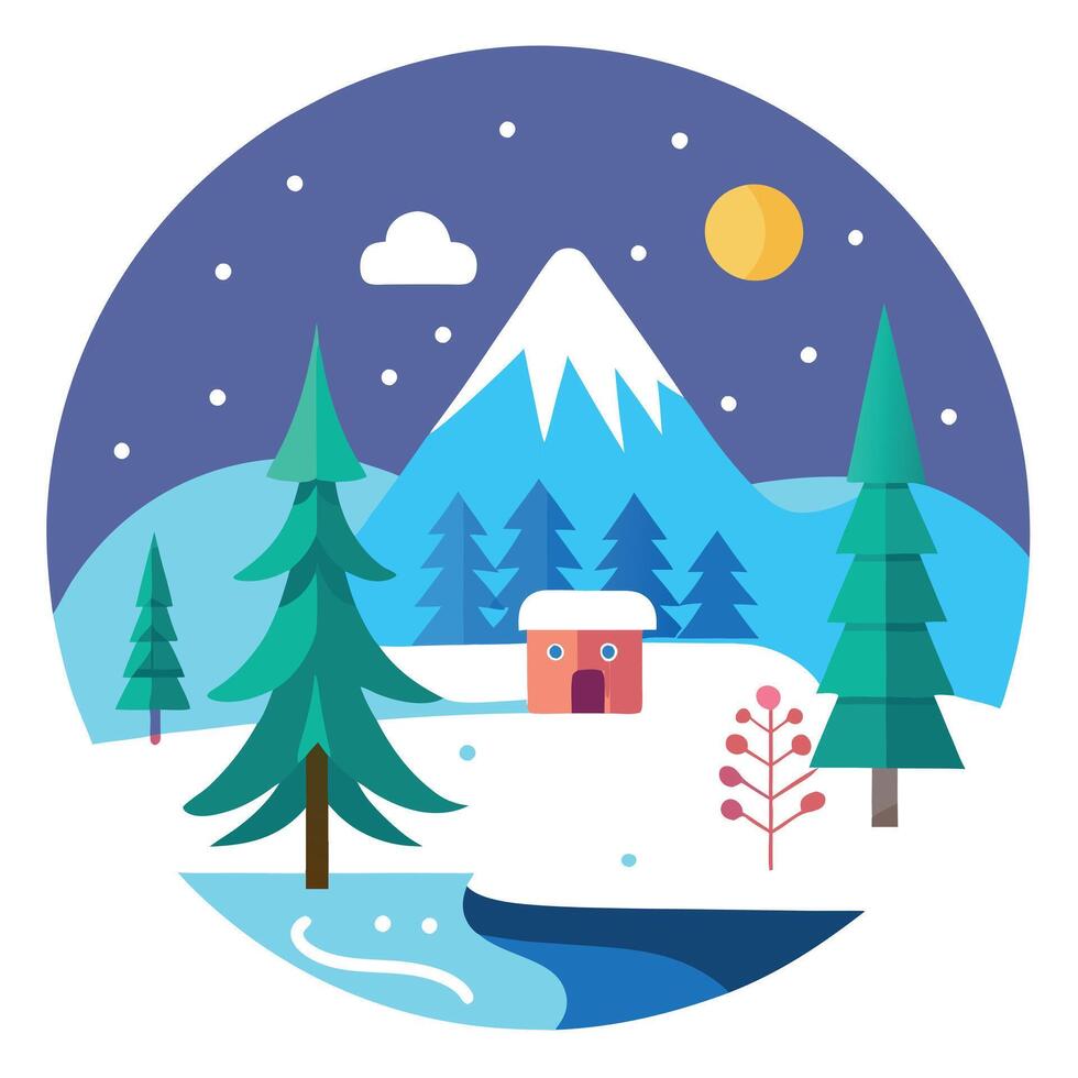 Winter landscape with house, trees and mountains vector