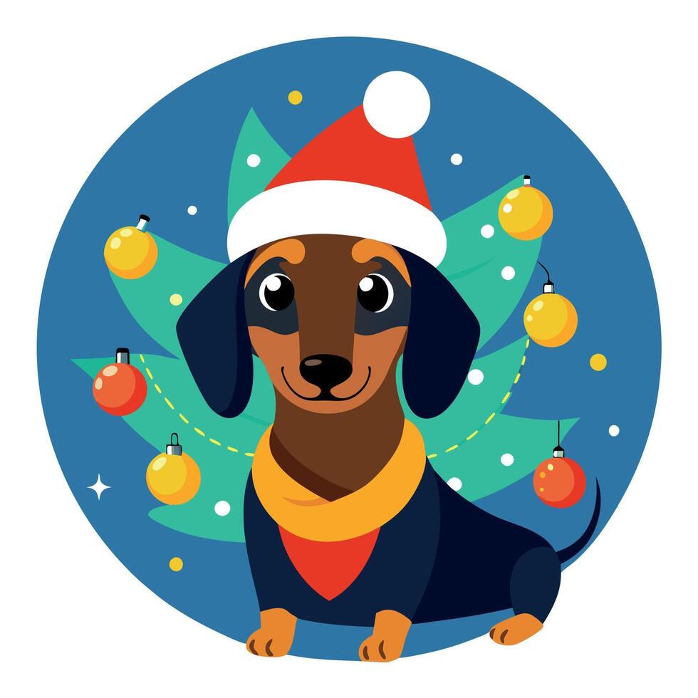 A cartoon dachshund wearing a santa hat and a christmas tree vector
