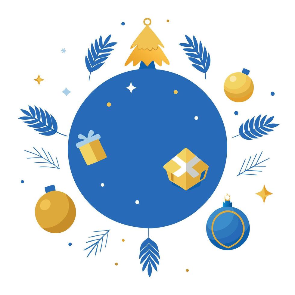 A blue christmas ball surrounded by ornaments and gifts vector