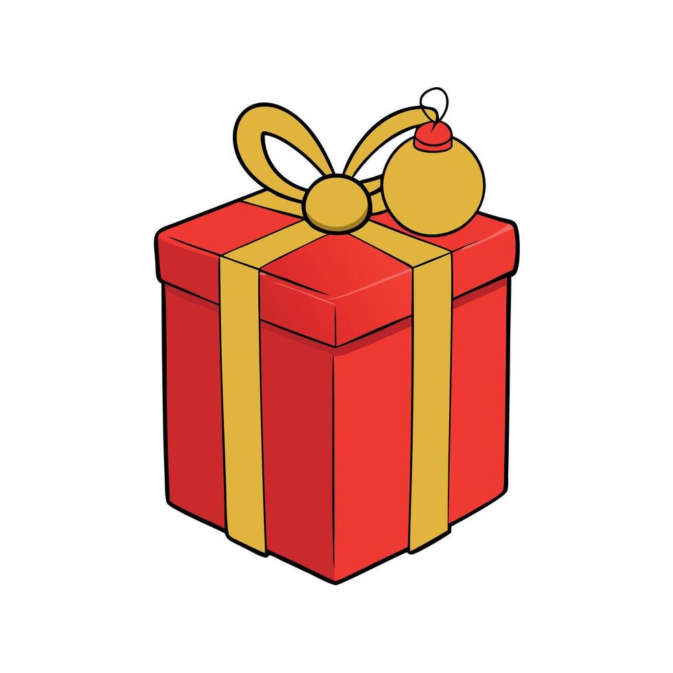 A red gift box with a gold ribbon and a christmas ornament. vector