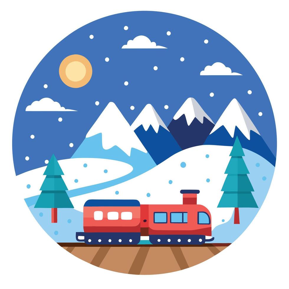 A snowy scene with a train for a festive christmas illustration. vector