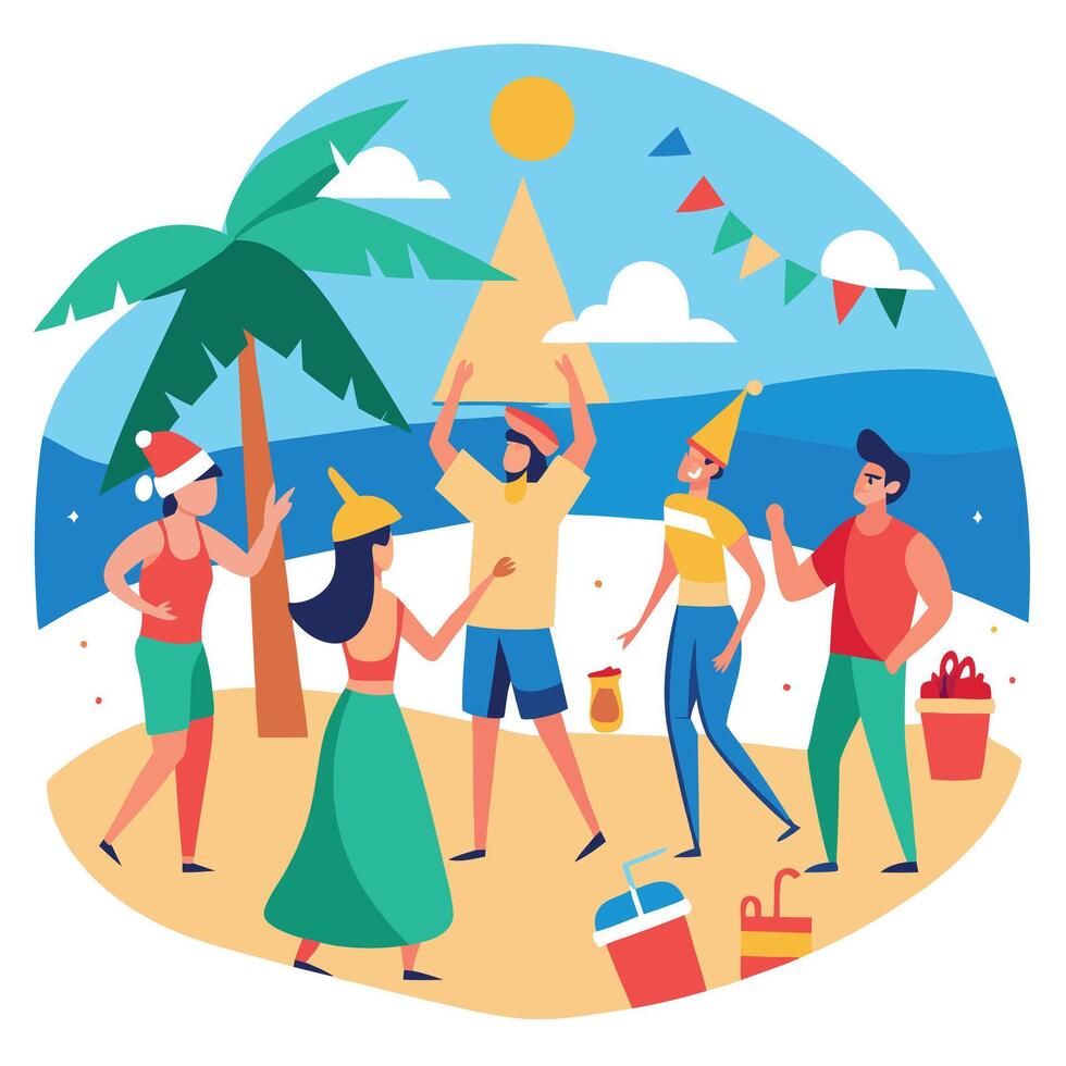 A vibrant beach gathering. celebrating either Christmas or New Year's Eve in the sunshine. vector