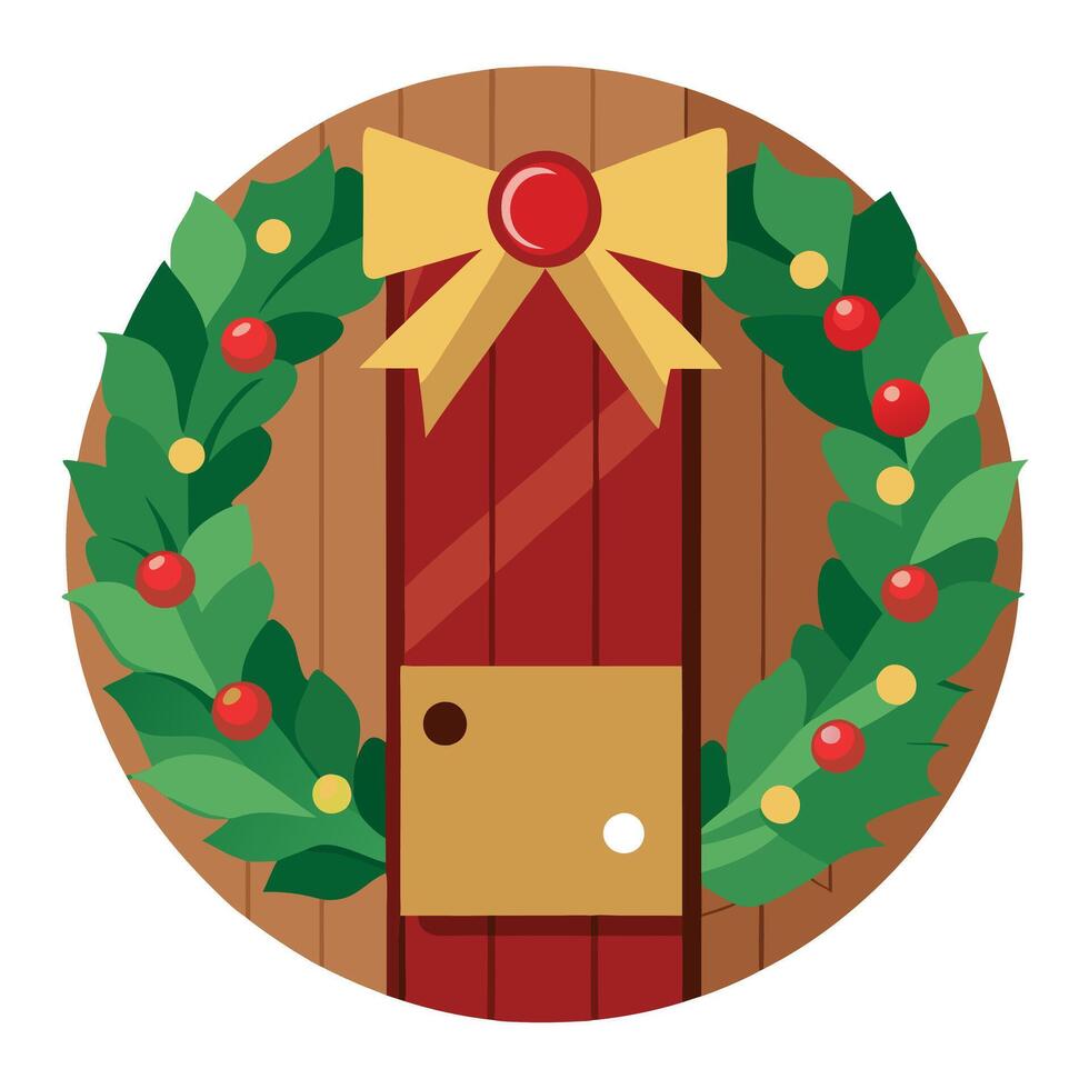 Homemade Christmas wreath hanging on a rustic wooden door. emphasizing holiday welcome. vector