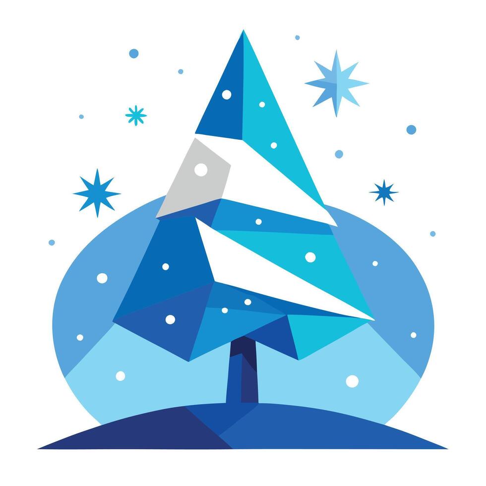 Art merry blue origami background paper christmas winter tree abstract snowflakes. vector