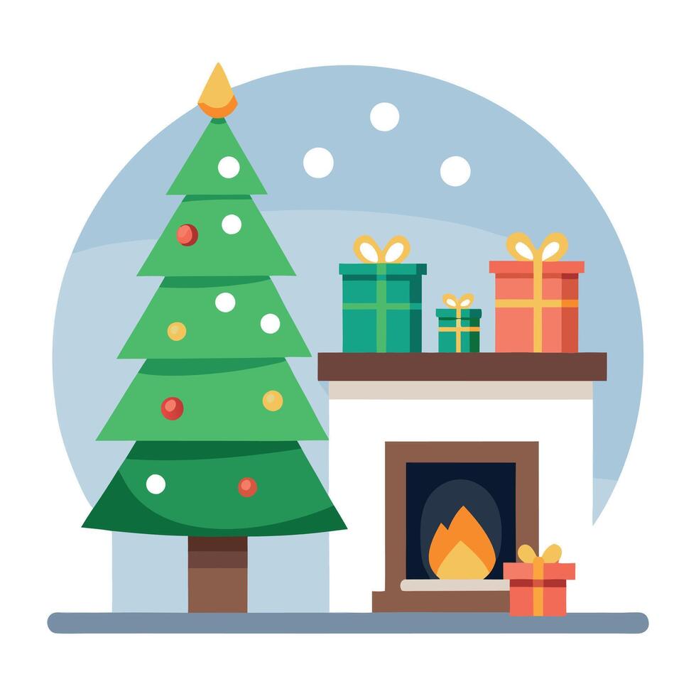 Modern neutral living room with fireplace and aesthetic christmas tree with lights for the holidays vector