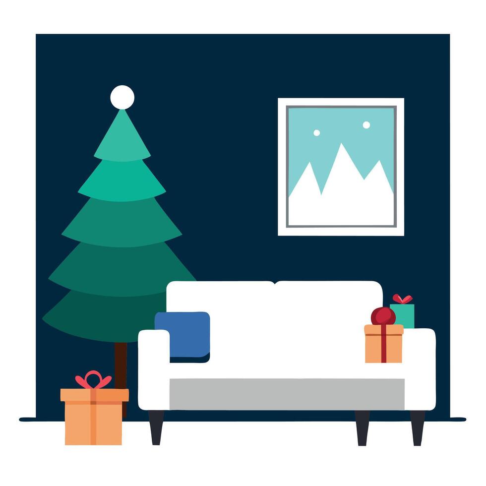 Living room with Christmas tree. gifts. white sofa. and blank dark wall with copy space vector