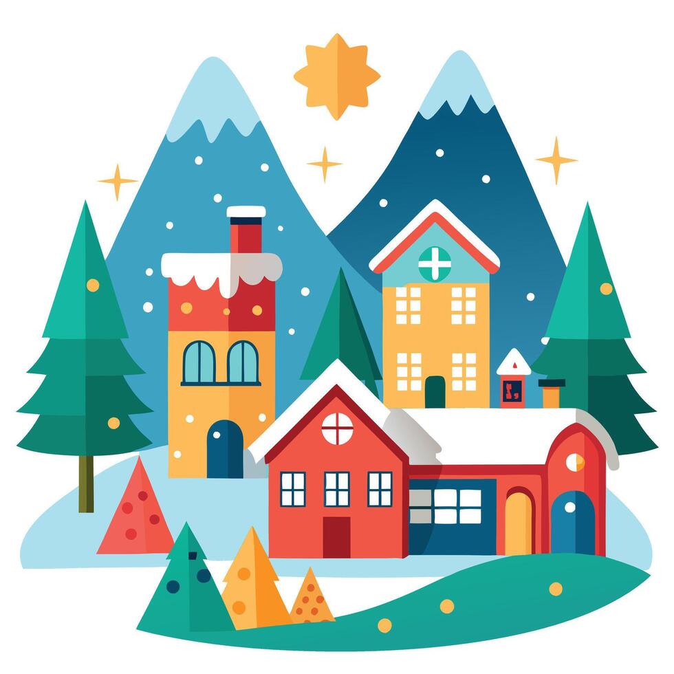 Houses decorated for Christmas. in a small town in the mountains vector