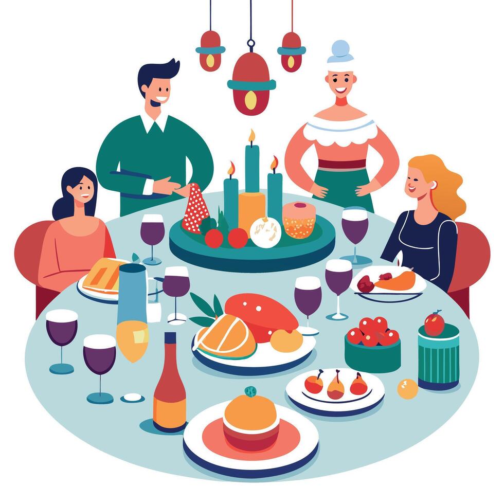 Luxury christmas dinner table. people are gathered and enjoy full of dishes. snacks and wine glasses vector