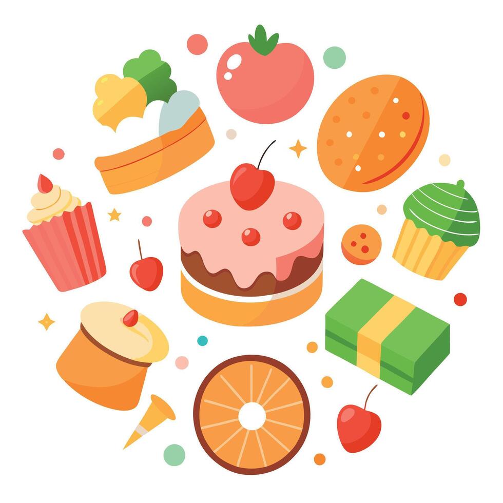 Assorted sweets. dessert. cakes. macarons in a christmas or festive atmosphere. top. flat vector