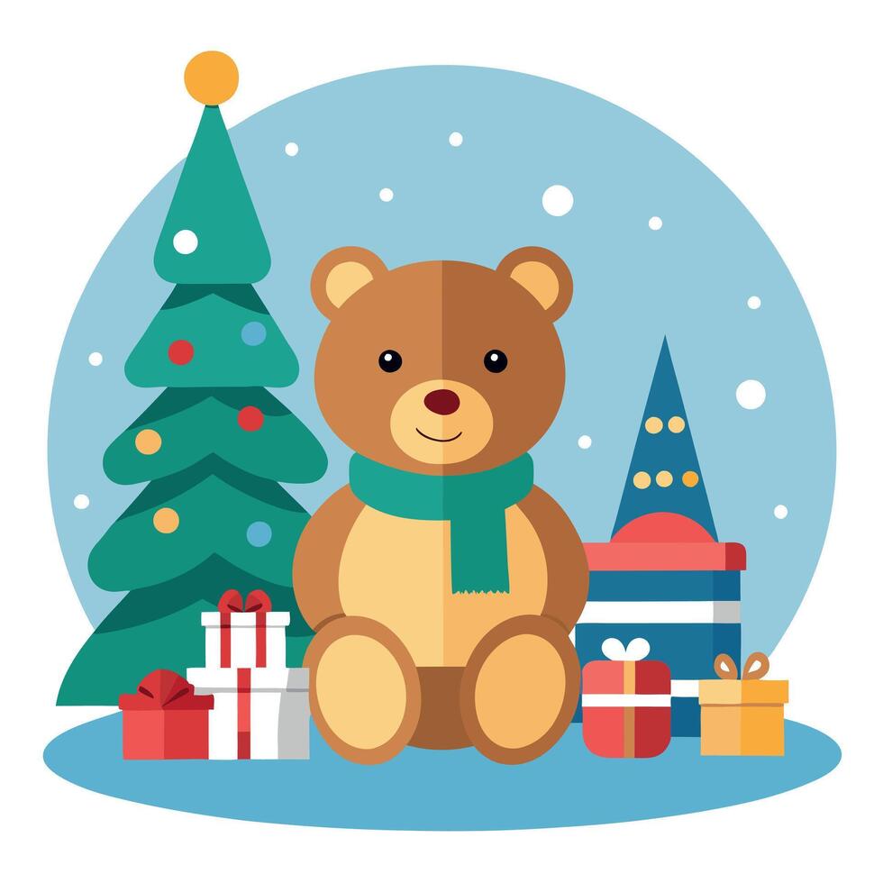 A white teddy bear sitting next to a christmas tree HD. realistic vector