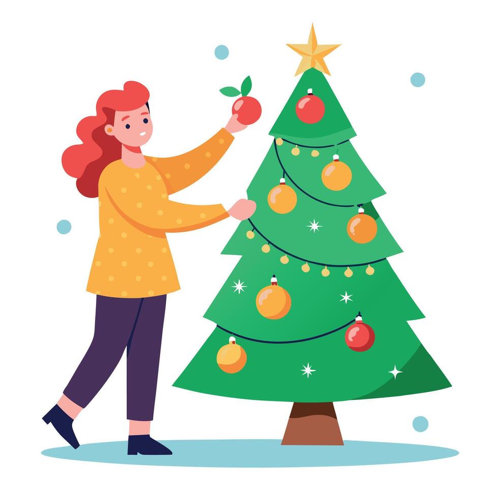 Cheerful woman decorating the christmas tree. putting on ornaments vector