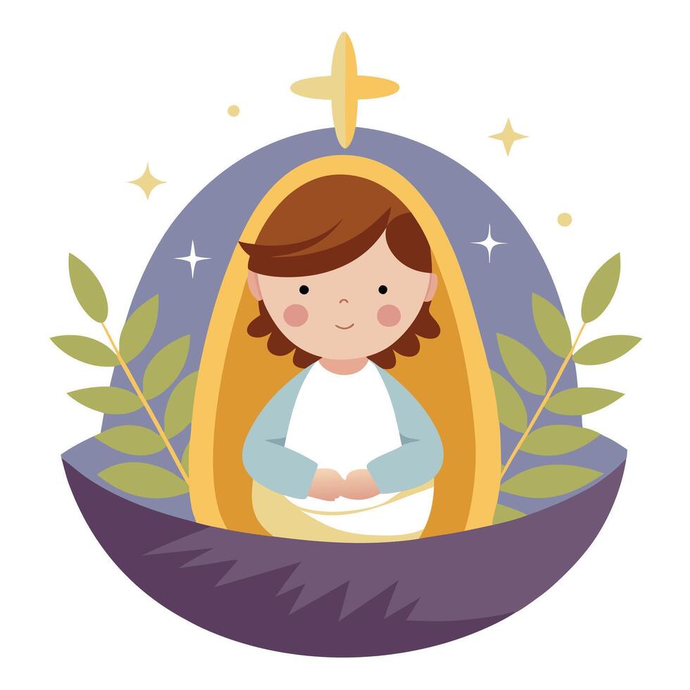 Divine Radiance. Baby Jesus in Vine-Woven Manger. Illuminated by Mystical Light - vector