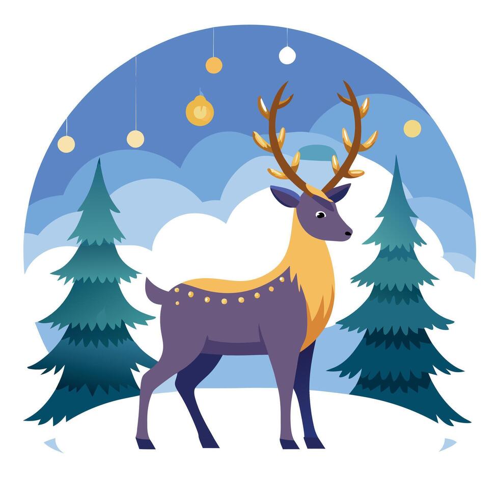 Image of reindeer in the snowy forest with Christmas light at sunset vector