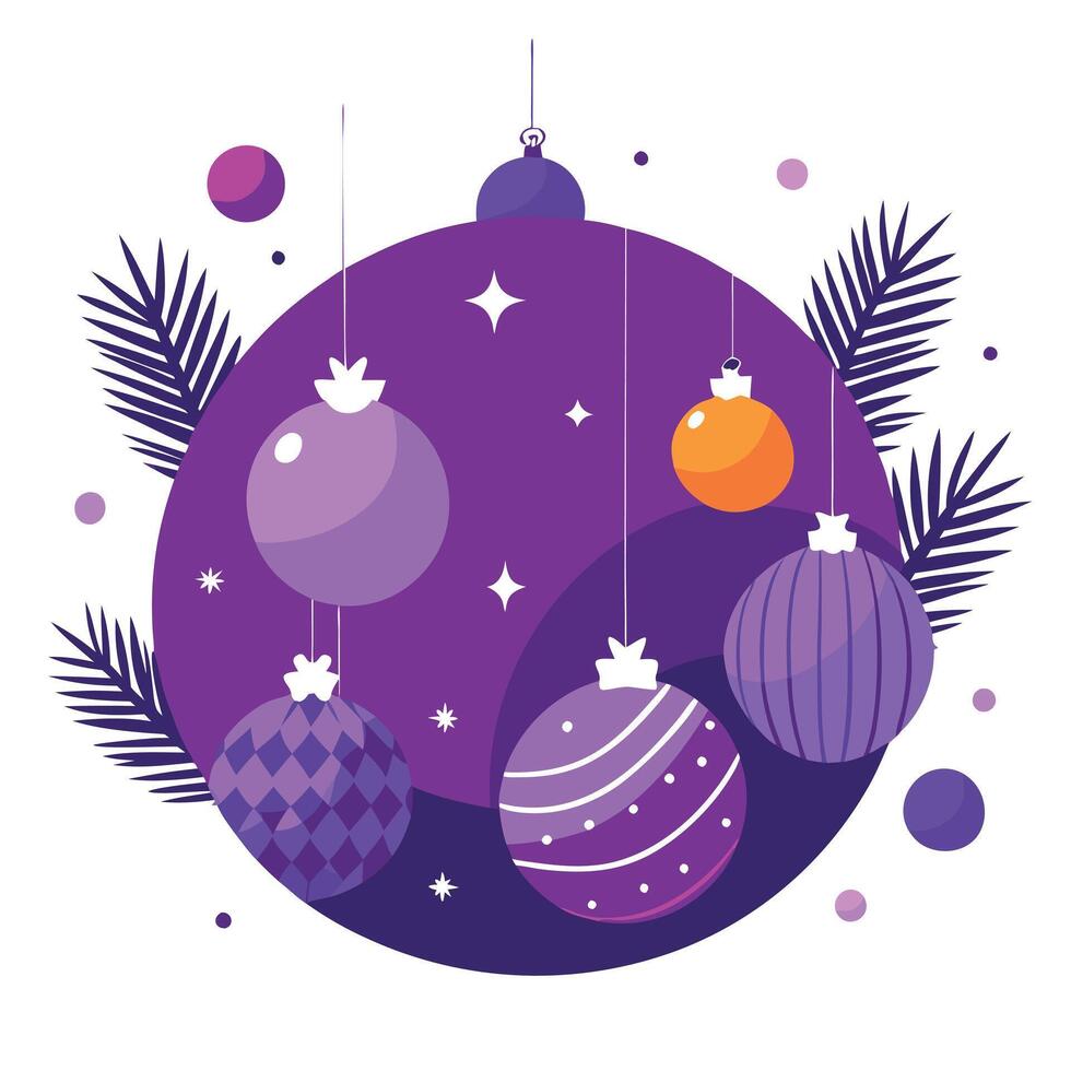 Purple christmas background with fir tree branches and baubles. Copy space vector