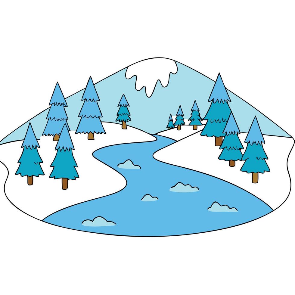 Winter landscape with snow in forest with frozen river vector