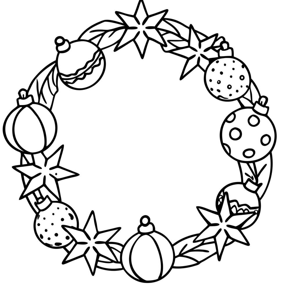 Watercolor christmas wreath decorated with baubles and stars on white background vector
