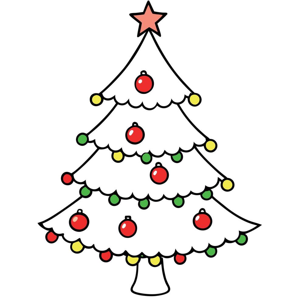 Christmas tree cartoon with red balls and garland watercolor style on a white background. vector