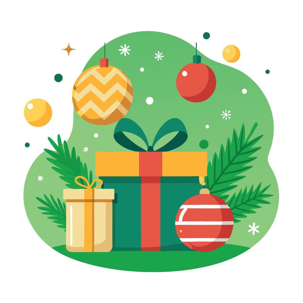 A green christmas background with a gift box and ornaments. vector