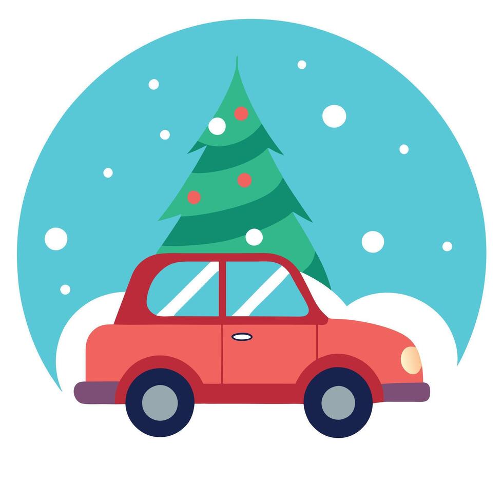 Miniature car with christmas tree on the roof. christmas snow background. vector