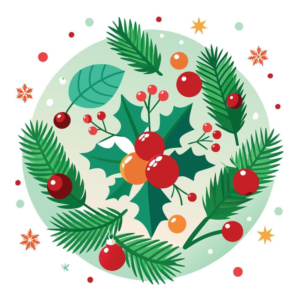 Merry Christmas flatlay with spruce branches and bright red berries. Concept of holiday cheer. vector